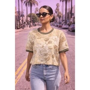Acne Studios Floral Rose Textured Fuzzy Short Sleeve Top Beige Olive Green S